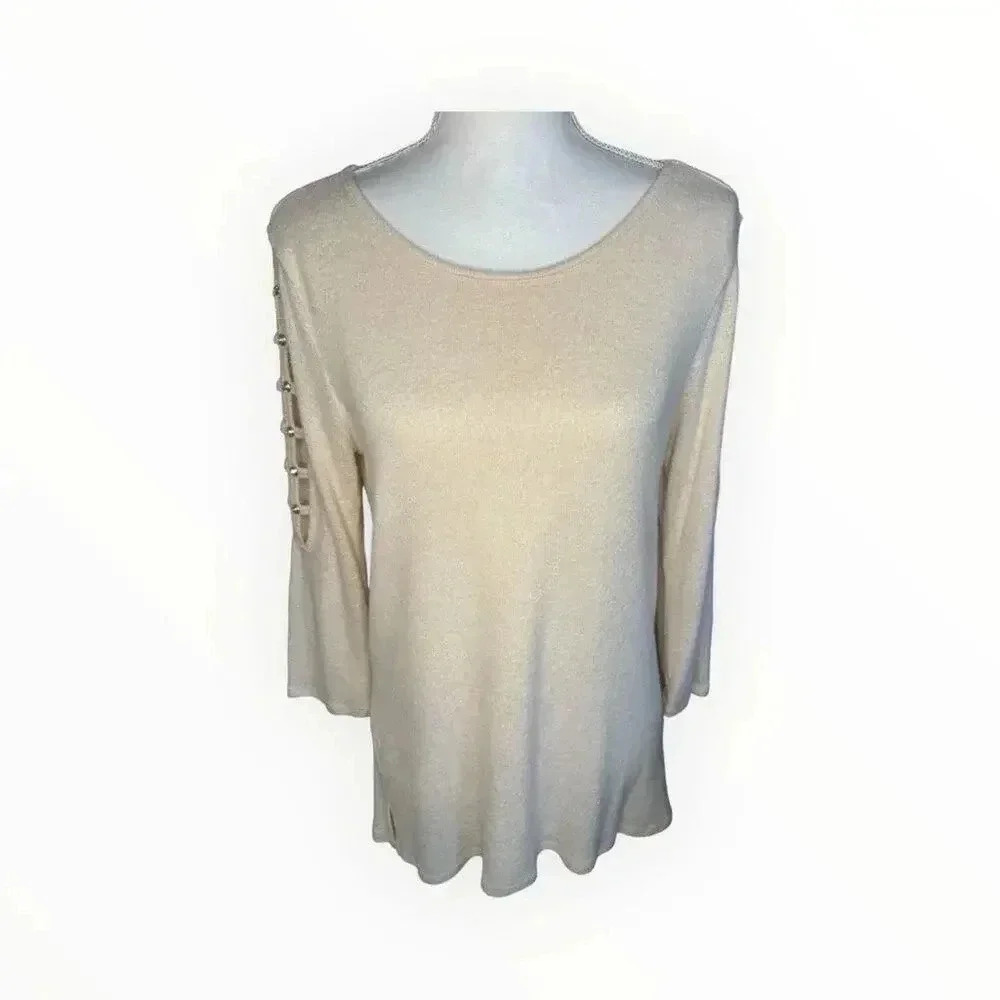 89th + Madison Shirt Small Cream Ladder Rhinestone Embellished Sleeve Top